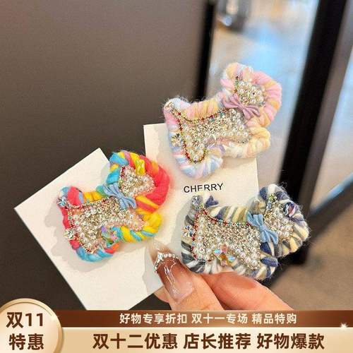 多巴胺元气少女可爱小狗发夹满钻珍珠轻奢毛线边夹刘海夹鸭嘴夹女