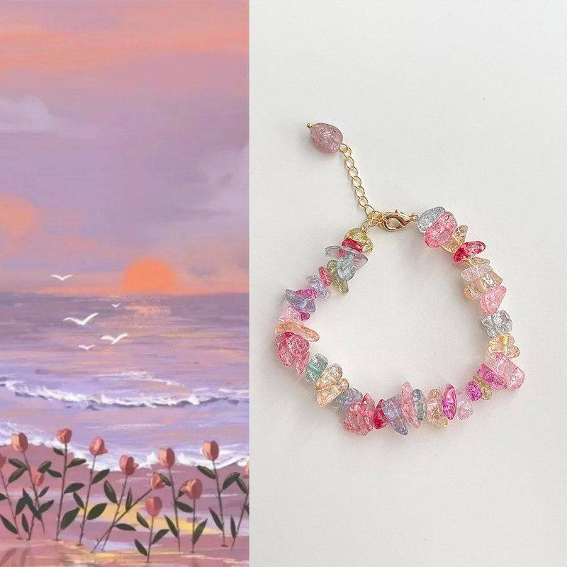 多巴胺~手作设计感彩色天然石碎石玻璃粉水晶手链ins小清新手饰品