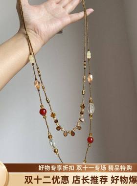 中古vintage双层陶水滴花朵项颈链复古小众感个性锁骨链潮HOT女式