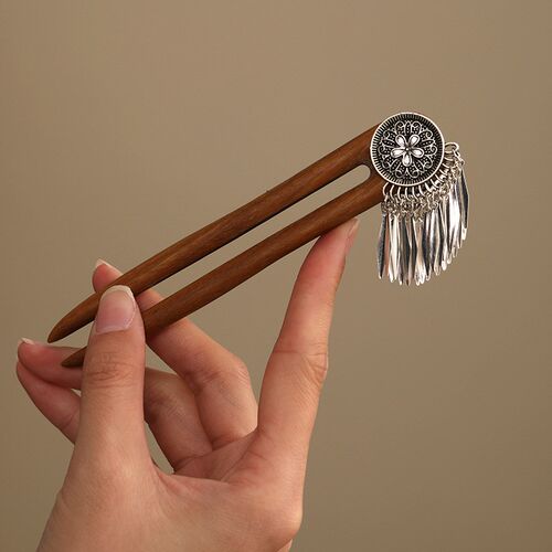 古风双面U型黑檀木发簪流苏步摇绿檀簪子头饰盘发汉服古装木发钗