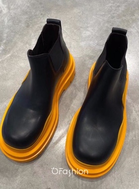 XD.BV切尔西靴男2023新款潮厚底靴圆头套脚粗跟橙色短筒短靴女