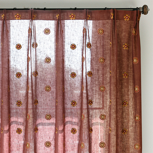 MIFU米夫 酒红色纯亚麻重工绣花复古客厅窗帘透光不透人纱帘定制