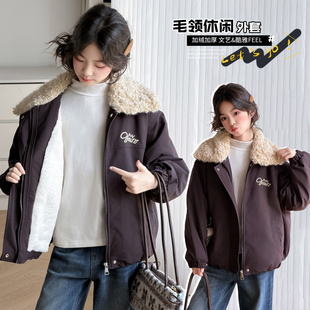 女童连帽棉服秋冬新款大童宽松毛领拉链棉衣外套学生潮流洋气棉袄