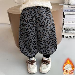 女童加绒豹纹裤子秋冬2025新款儿童韩版休闲裤时髦冬装宝宝束脚裤