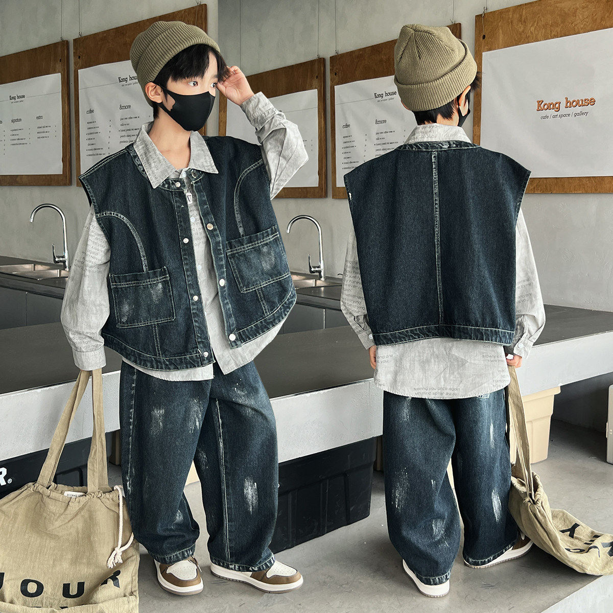 儿童春装男童韩版牛仔马甲套装2025新款中大童休闲时髦痞帅三件套