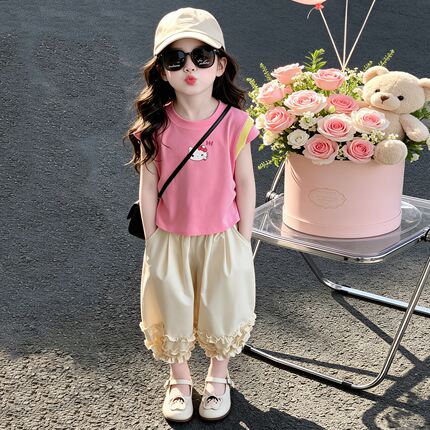 女童夏装甜美时尚背心套装小女孩夏日休闲无袖花边灯笼裤两件套潮