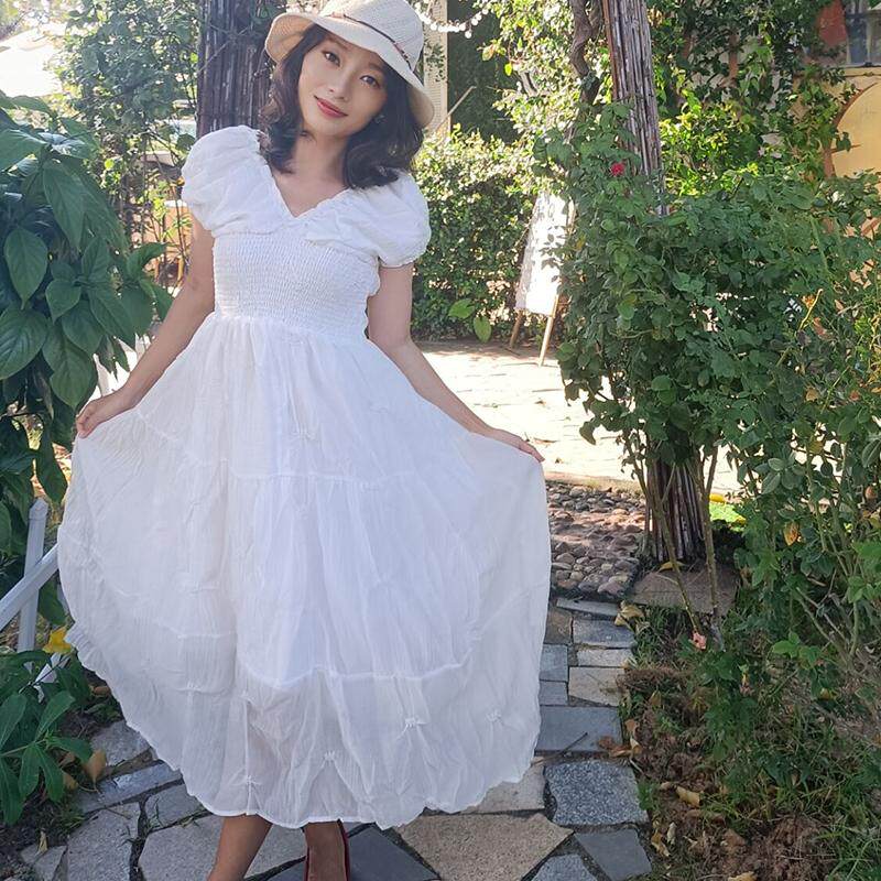 新款纯色白纱连衣裙女桔梗长裙V领收腰修身温柔风甜美纯洁减龄裙