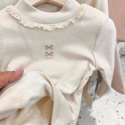 女童洋气花边T恤上衣秋冬儿童蕾丝拼接半高领保暖德绒韩版打底衫