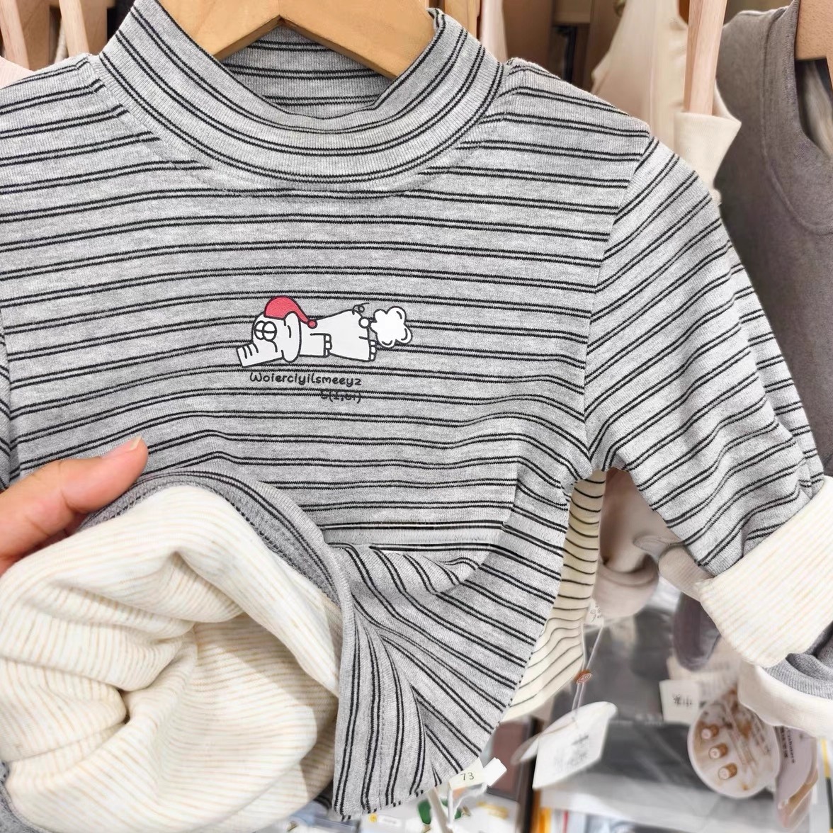 男童条纹打底衫双面绒秋冬儿童新款卡通洋气百搭半高领保暖上衣潮