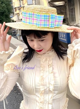 Ooo原创发财宅女同款春夏少女法式浪漫草帽大帽檐遮阳帽帽子百搭