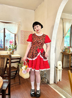 Ooo原创设计 日系昭和复古红色波点裙子甜美可爱少女蛋糕裙连衣裙