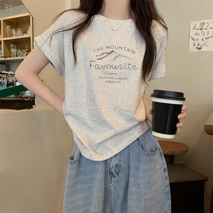 减龄字母印花上衣 2025夏季 新款 花灰色纯棉短袖 t恤女宽松百搭时尚