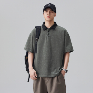 上衣 复古纯棉宽松百搭休闲潮流短袖 拼色洗水翻领Polo衫 男2026夏季