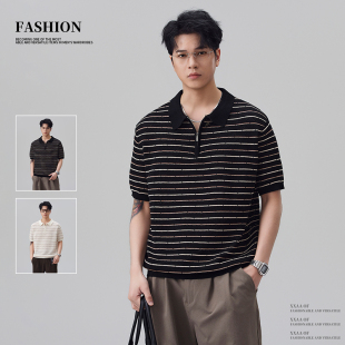 新款 男2026夏季 老钱风高级感镂空针织翻领上衣 POLO衫 半拉链短袖