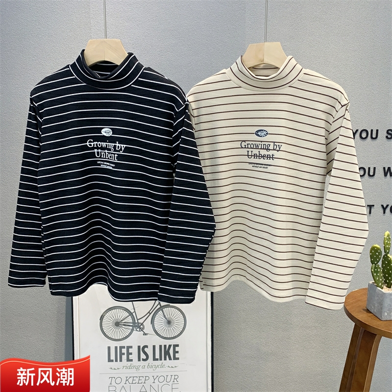 卡芙恰恰半高领韩版长袖条纹T恤