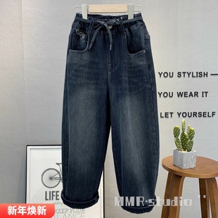 男女童一体绒老爹裤 大E小e童装 2025冬款 加绒牛仔裤 66607 儿童韩版