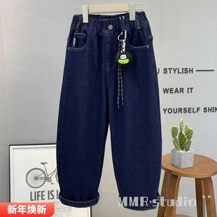 男女童一体绒老爹裤 大E小e童装 2025冬款 加绒牛仔裤 66627 儿童韩版