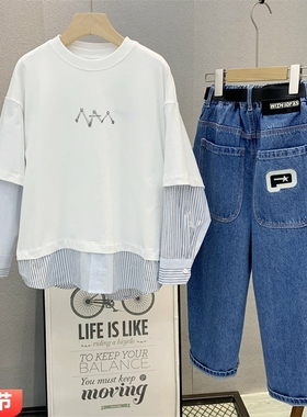 布芮欧童装 儿童韩版假两件衬衫T恤2025春款中大童条纹长袖63099