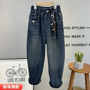 男女童百搭老爹裤 大E小e童装 2025冬款 加绒牛仔裤 潮6621 儿童韩版