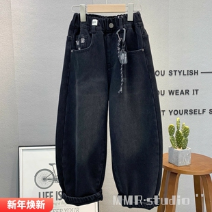 男女童洋气老爹裤 大E小e童装 2025冬款 加绒牛仔裤 潮66655 儿童韩版