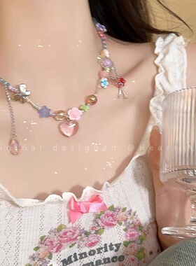蜜桃粉！多巴胺爱心糖果项链女小众设计甜酷辣妹串珠锁骨链颈链