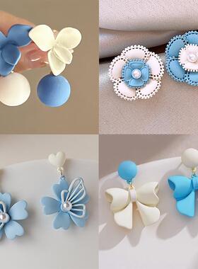 超仙法式蓝白撞色花朵圆球不对称耳环高级感小众气质蓝色系耳钉女