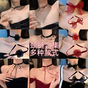 黑色山茶花项链女洛丽塔暗黑choker锁骨链禁欲系女仆辣妹颈带项圈