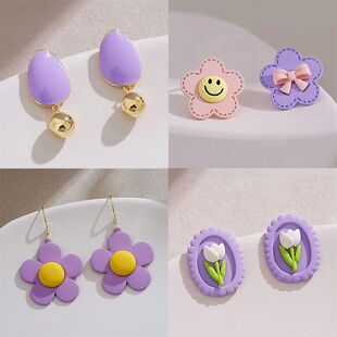 紫色几何花朵耳环耳钉2026新款 气质耳饰春夏温柔百搭耳环 高级爆款
