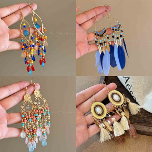 度假风民族风流苏波西米亚耳环云南旅游小众羽毛耳夹无耳洞耳饰