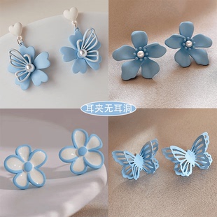 夏季蓝白对撞花朵耳夹小众设计感镂空蝴蝶无耳洞耳饰森系爱心耳坠