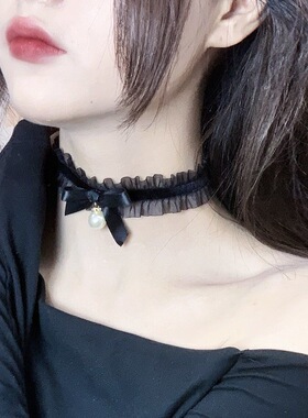 蕾丝蝴蝶结小铃铛颈链女仆脖子颈带项圈黑色choker脖子纯欲软妹潮