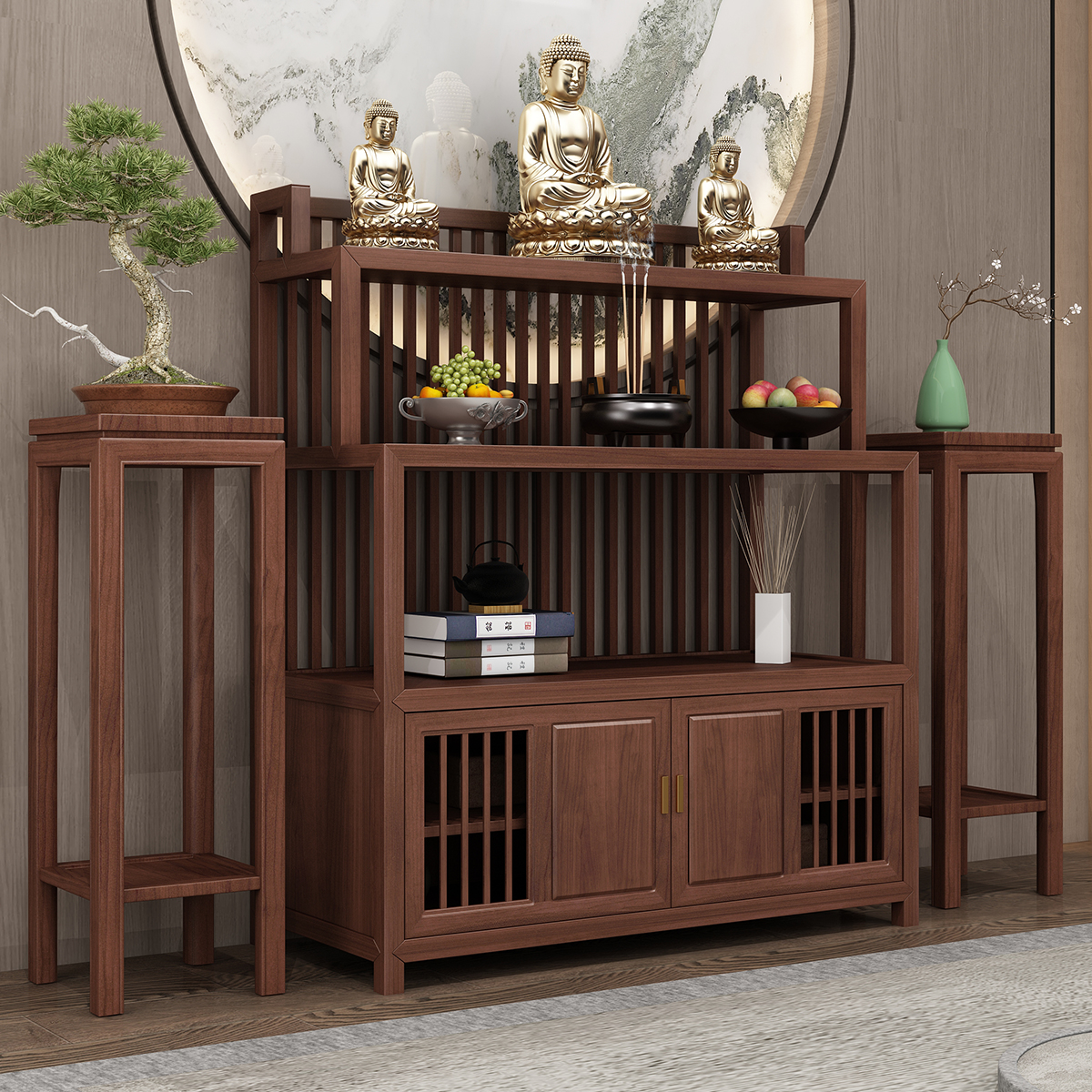 实木阶梯式供桌现代简约佛台家用观音财神柜藏式供奉台三层佛龛