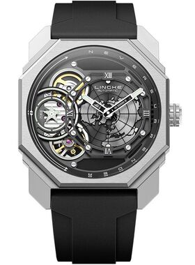 LINGKE男士手表机械石英双机芯腕表夜光镂空硅胶带男手表