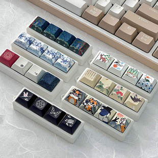 韩国山水民画方形键盘颜值键帽可替换键盘帽包挂件钥匙扣解压挂饰