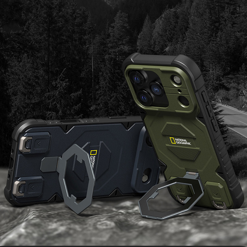 韩国国家地理户外探险机甲风带挂绳适用苹果iPhone17promax手机壳17Air磁吸充电17pro可支架全包防摔保护套
