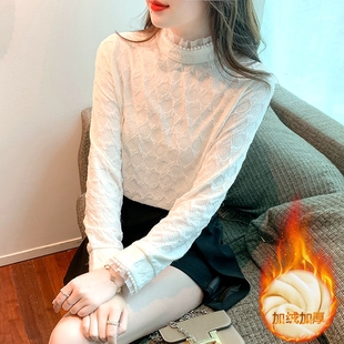 加绒加厚洋气内搭漂亮小衫 2025冬装 女早秋季 半高领花边蕾丝打底衫