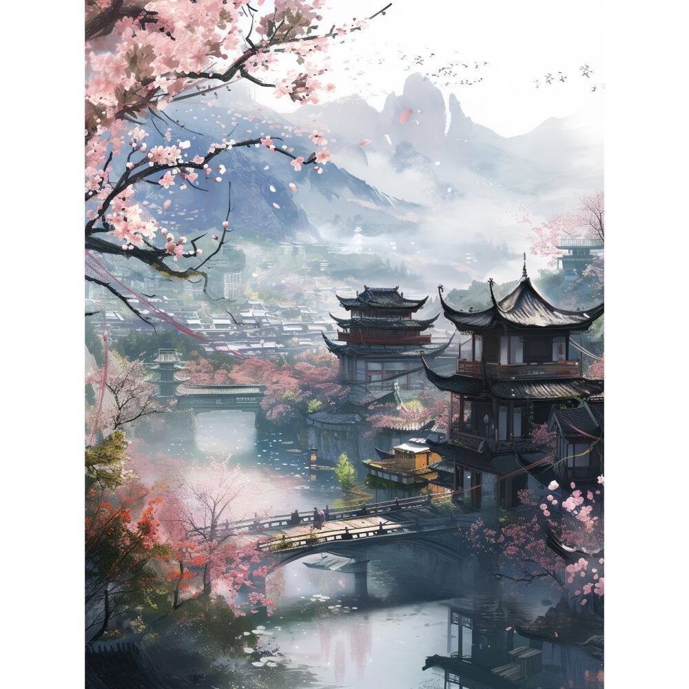 新款古风建筑山水海报贴