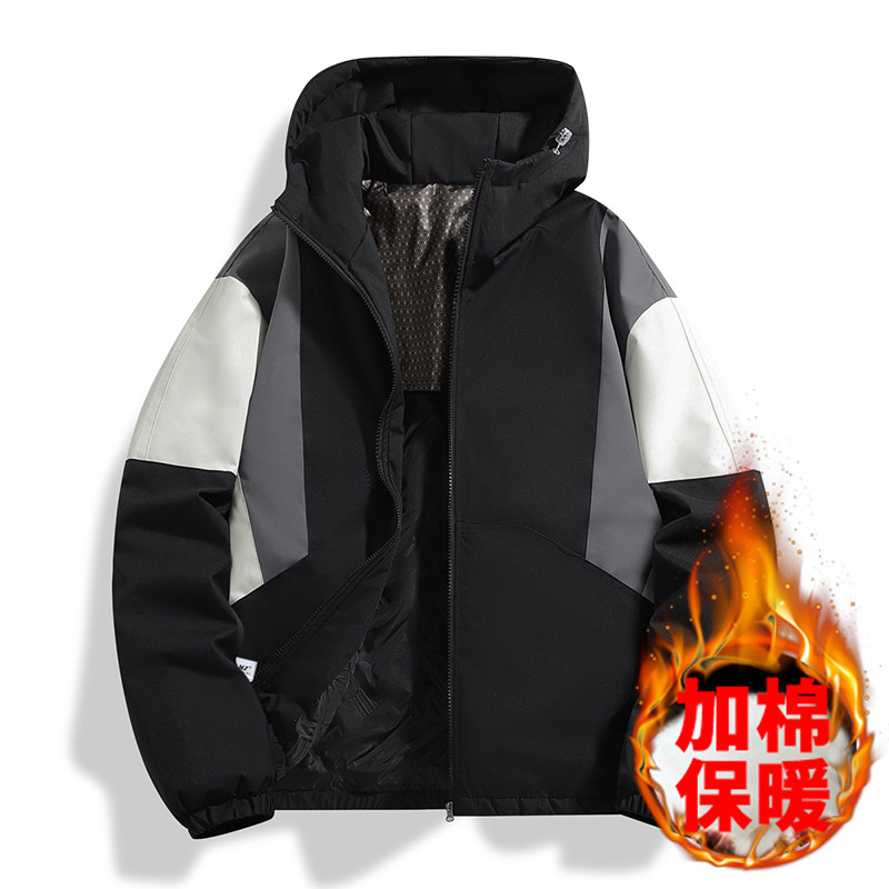 新款户外棉衣男秋冬季青少年连帽拼色风衣外套男防风保暖棉服男款