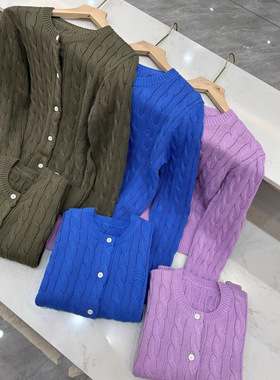 DY4523-26春新款修身版型绞花编结纯棉圆领针织开衫