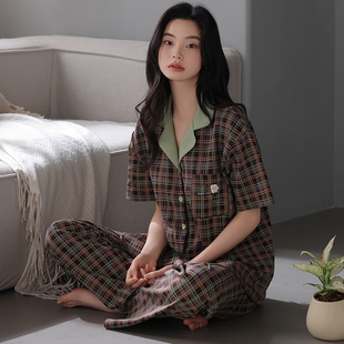 短袖 带胸垫纯棉薄款 睡衣女夏季 长裤 可外传中老年开衫 家居服套装