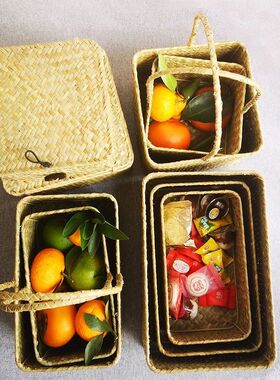 日式客厅长方形收纳桌面草编零食