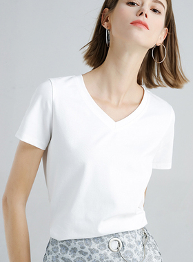 80支冰丝光棉精梳纯棉v领白色宽松短袖女t恤正肩2026夏季半袖体恤