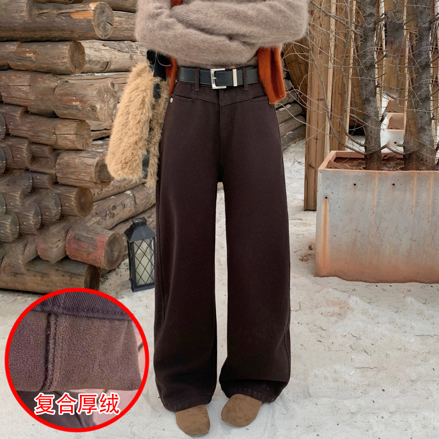 冬季复合绒保暖女牛仔阔腿弯刀裤