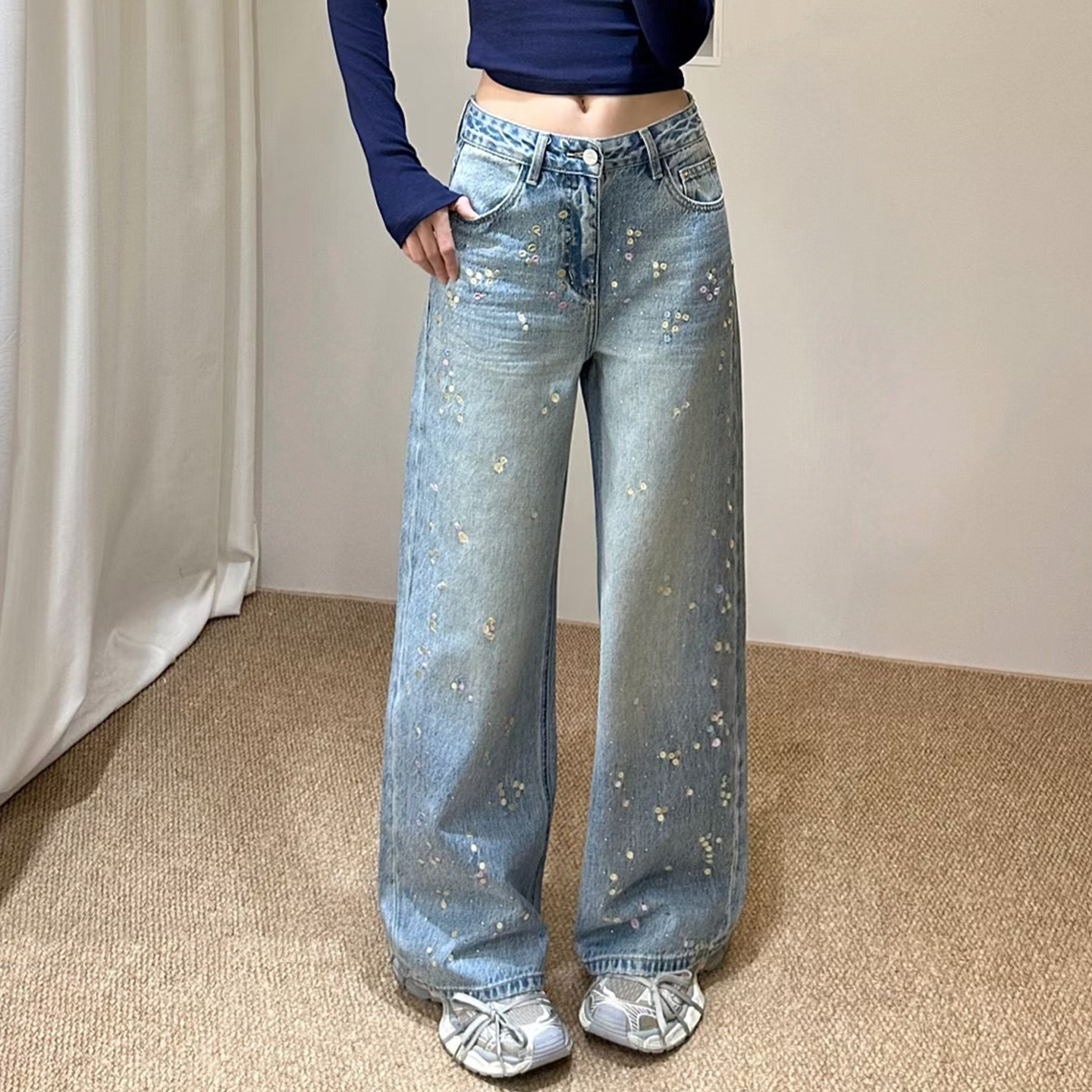 2026春新款Jeans阿凡牛A5569满天星烫钻宽松显瘦女牛仔直筒阔腿裤