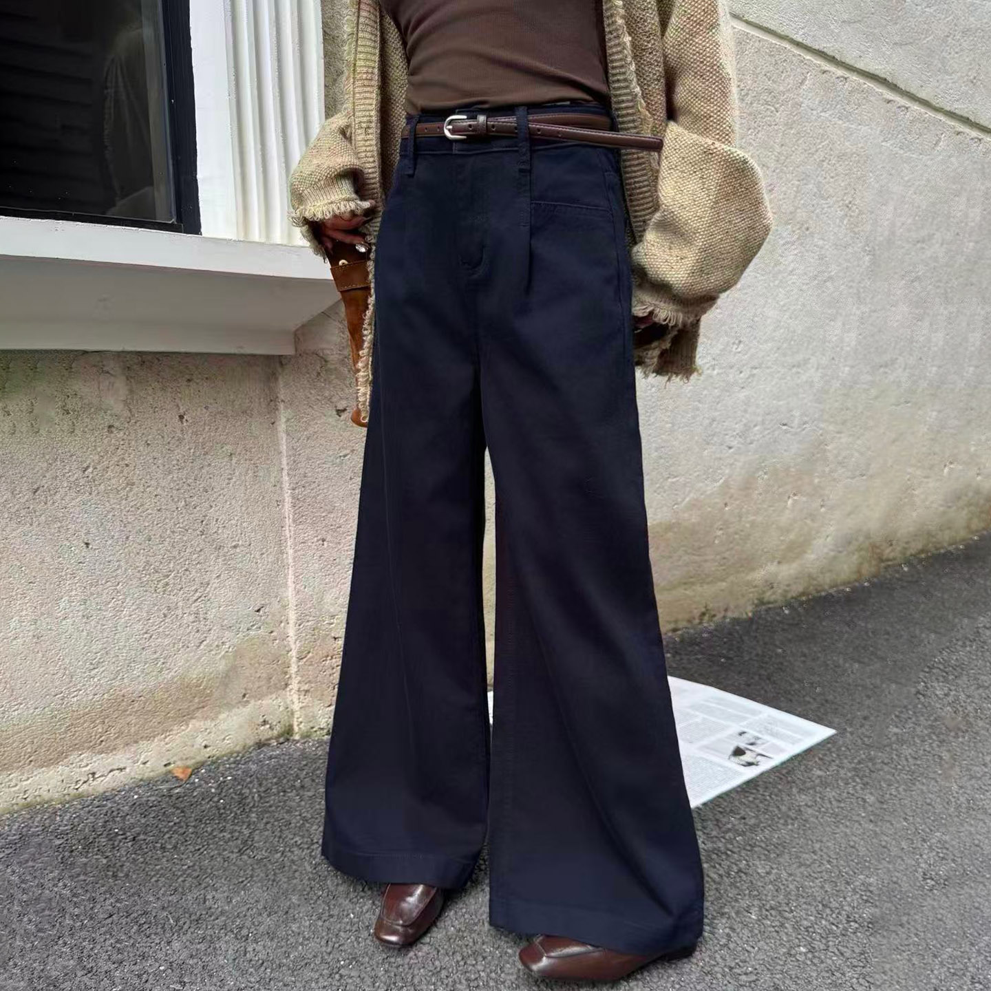 秋季藏青色宽松显瘦女牛仔阔腿裤