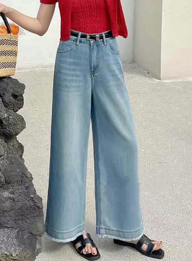 2025夏季新款jeans阿凡牛A5035浅蓝毛边百搭九分女牛仔直筒阔腿裤
