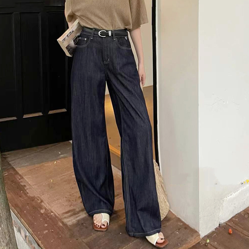 2025夏款JEANS阿凡牛5089深蓝色薄款防褪色W刺绣女牛仔直筒阔腿裤