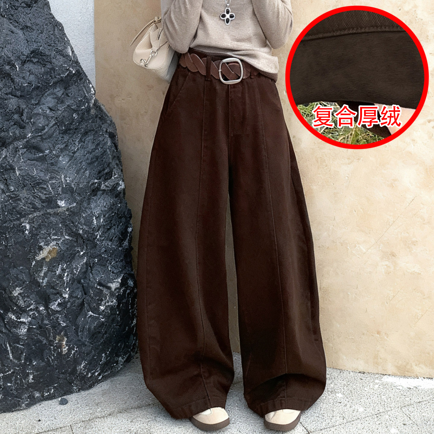 冬季复合绒超柔女牛仔阔腿弯刀裤