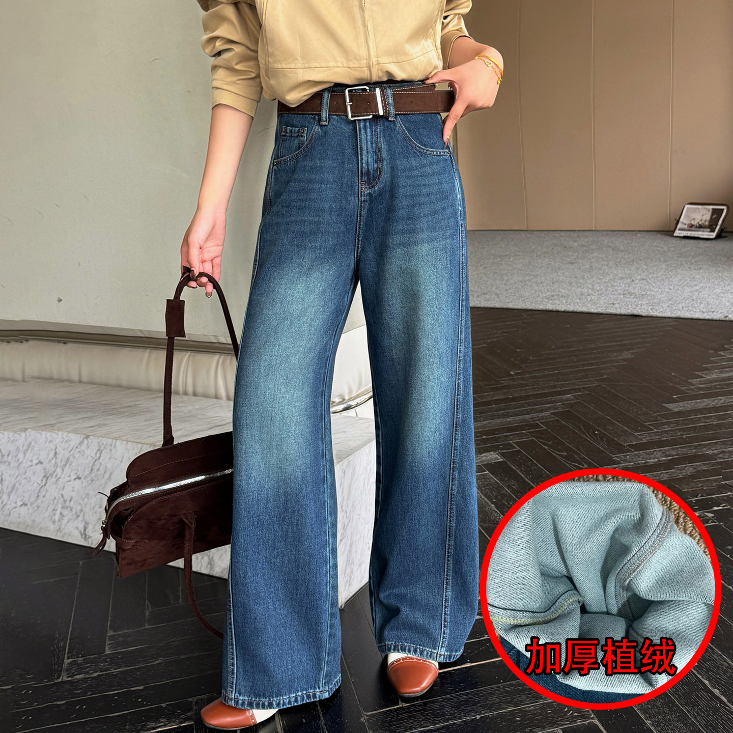 冬加厚植绒保暖女牛仔直筒阔腿裤
