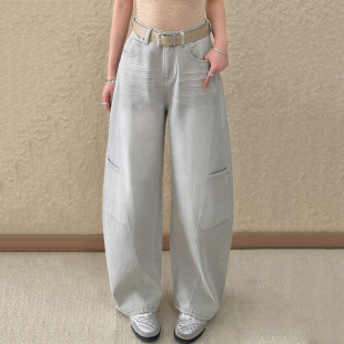 2026春新款 Jeans阿凡牛A5555灰宽松弹力显瘦老爹女牛仔弯刀阔腿裤